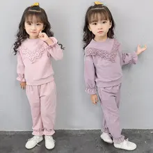 Милые комплекты одежды для маленьких девочек, высокое качество, осень, кружевной костюм с длинными рукавами и цветочным принтом для маленьких девочек 3-8 лет, CLS226