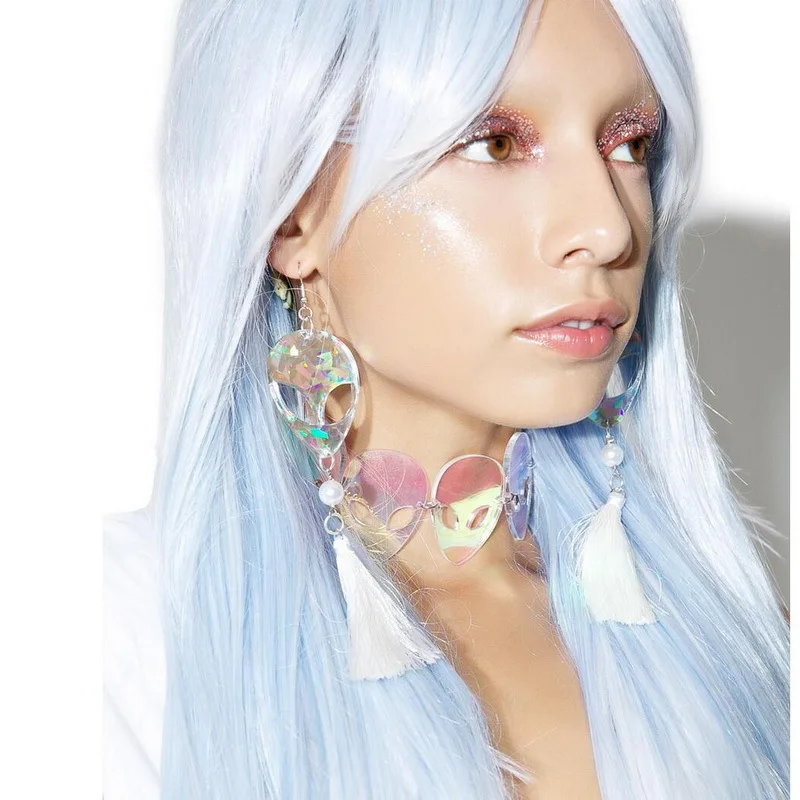 

Laser Hologram Alien Head Tassels Bling Earrings Cosplay Weird Party