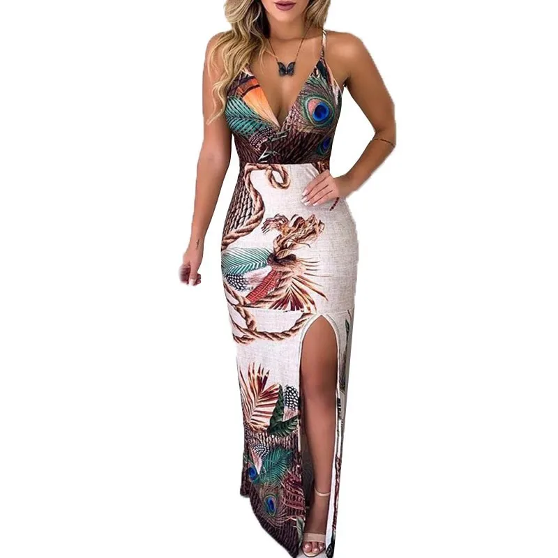 

Women Peacock Feather Print Thigh Slit Slip Dress Maxi Dress Sexy Party Summer Dress Backless Ladis Clothes