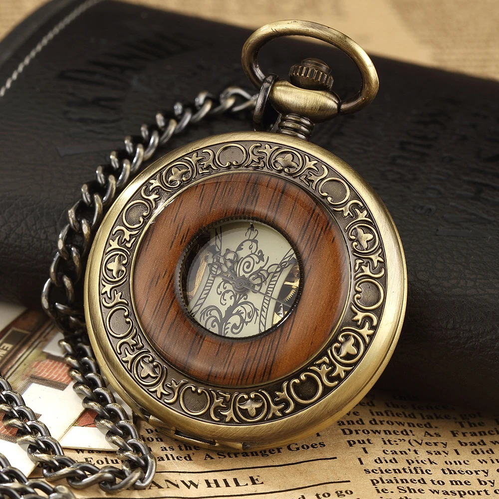 Винтажные Механические карманные часы FOB Chain Solid Wood полые стимпанк Скелет Мужские