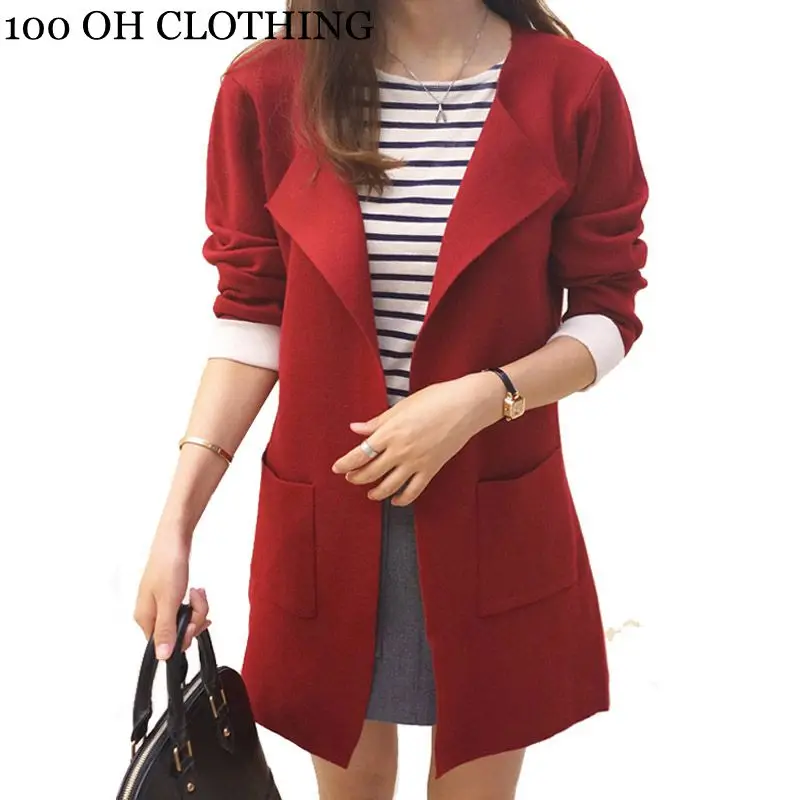 

Long Sweaters 2019 Women New Autumn All-match Patchwork Full sleeve Slim Pocket Knitted Cardigan Sweater