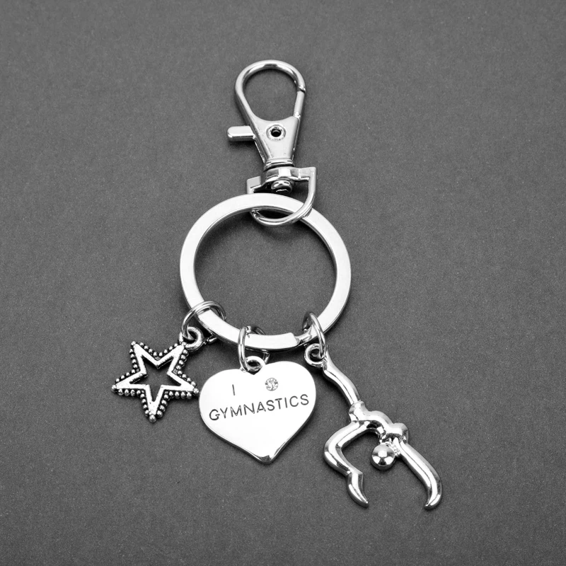 

MQCHUN Gymnast I Love Gymnastics Charm Keychain Fashion Silver Heart Star Keyring Key Chain Jewelry Accessories Gifts for Women