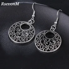 RscvonM nuevo Boho Vintage ronda de plata tibetana oreja gancho Tribal pendientes Retro gran flor colgante largo pendientes declaración joyería