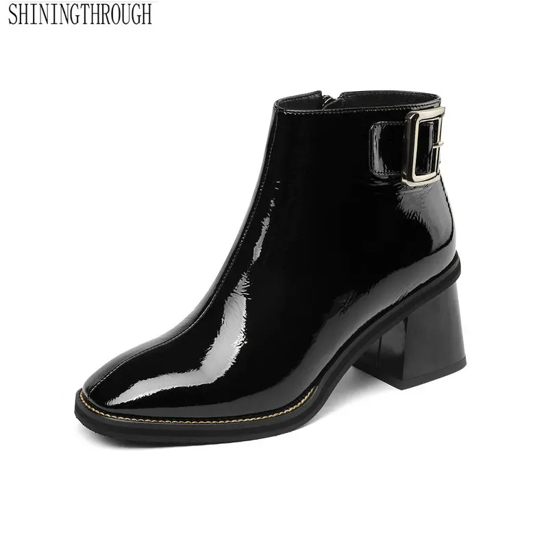 

Genuine LeatherWomen Ankle Boots High Leather Short Plush Inside Booties Warm women Shoes Woman Buckles Office Pumps