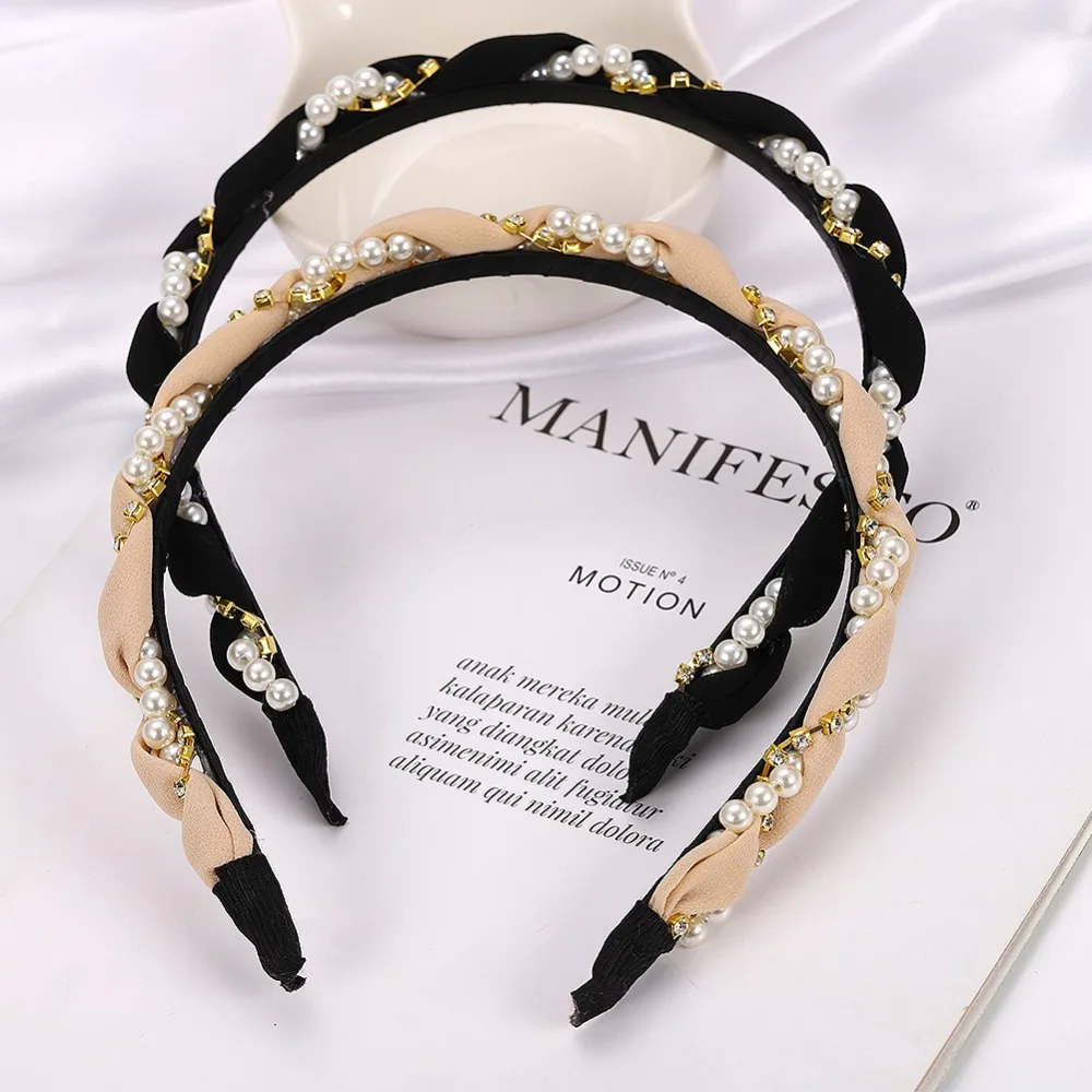 

Best lady Trendy Handmade Simulated Pearls Hairband for Women Cute Girls Hair Jewelry Black Beige Korean Headband Wholesale