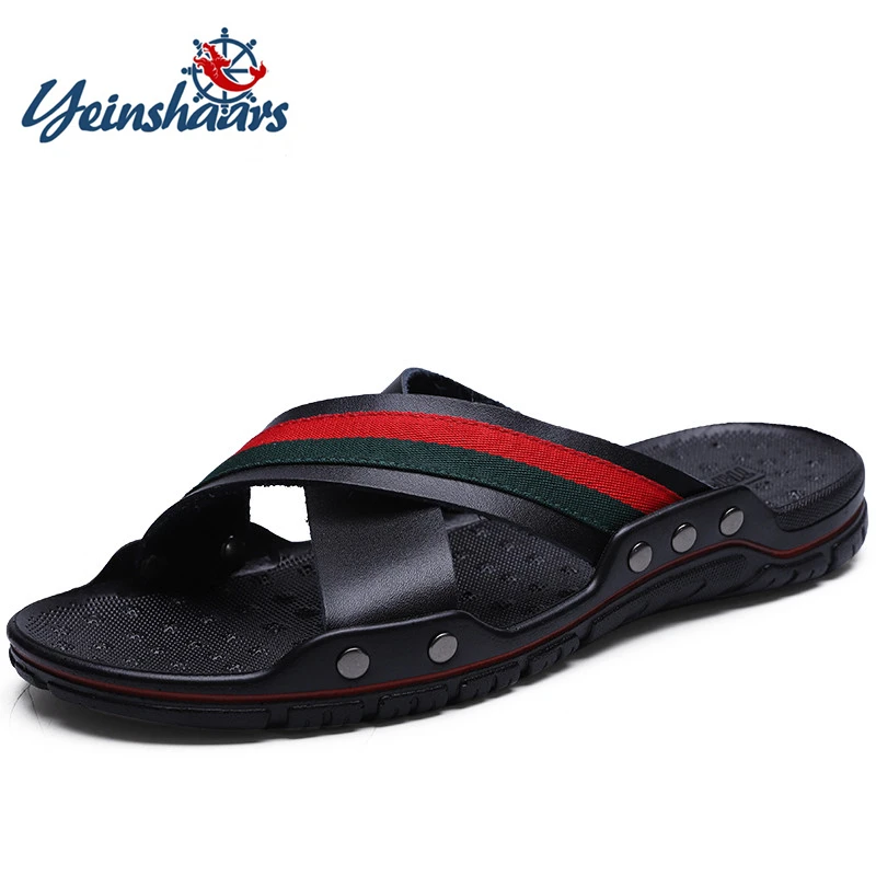 Koop YEINSHAARS Merk 2019 Zomer Mannen Slippers Lederen Kruis Riem Strand Water Schoenen Mannen Hoge Kwaliteit Slippers Big Size 38 47