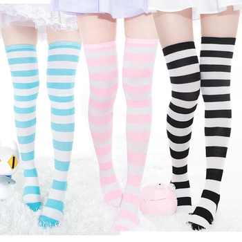 

Japanese Harajuku Blue & White Striped Kawaii Anime Girl Lolita Tights Thigh High Stockings
