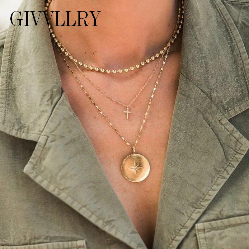 

GIVVLLRY Gold Bead Chain Choker Necklace for Women Vintage Rhinestones Cross Astrolabe Star Disk Round Pendant Necklace Jewelry