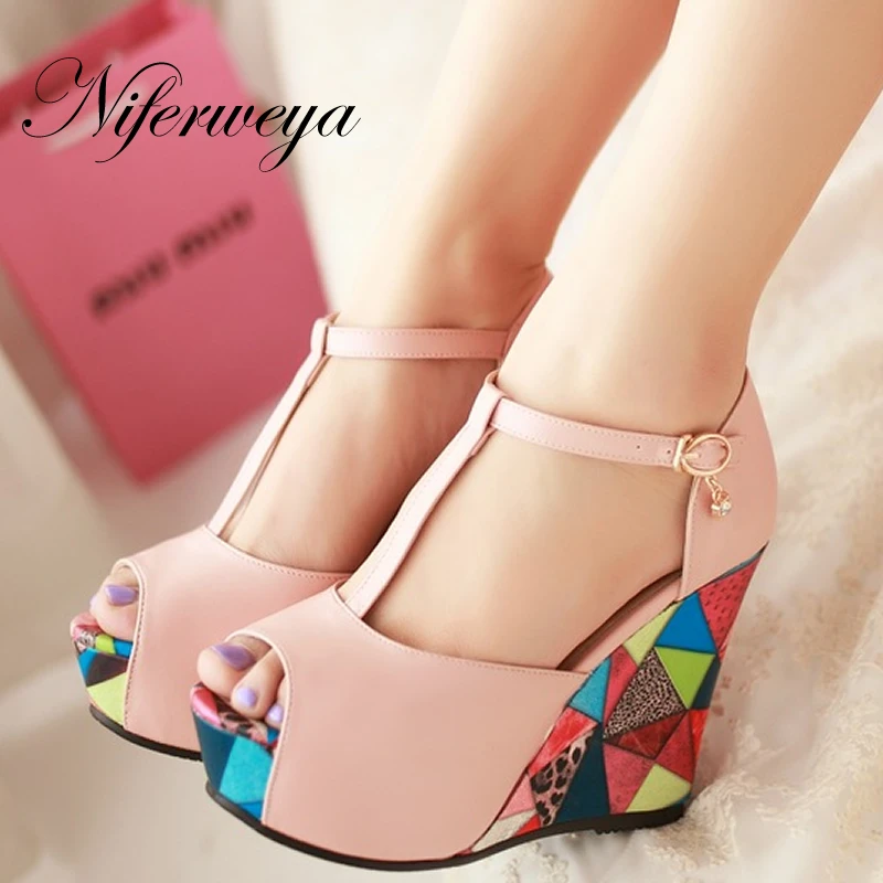 

New summer women Buckle Strap shoes sexy Peep Toe Platform Wedges high heels big size 32-45 T-Strap sandals zapatos mujer