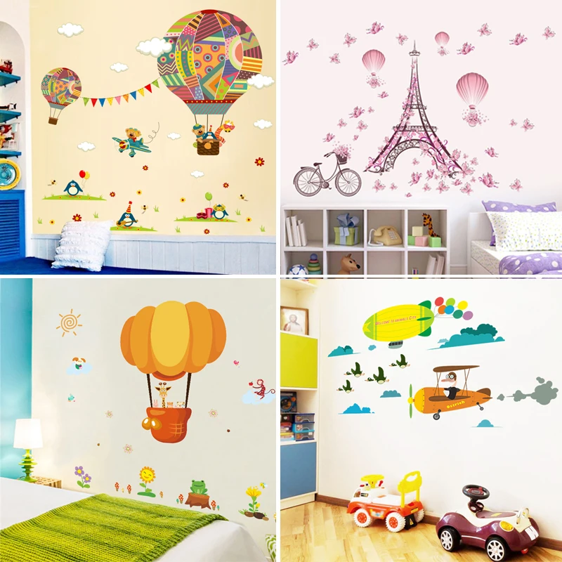 

Lovely Animals By Hot Air Balloon Wall Stickers For Kindergarten Kids Room Home Decoration Diy Cartoon Safari Mural Art Decals