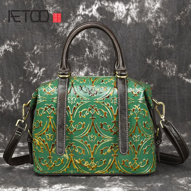 

BJYL New leather female Baotou layer cowhide embossing color crossbody bag vintage pillow bag casual leather bag