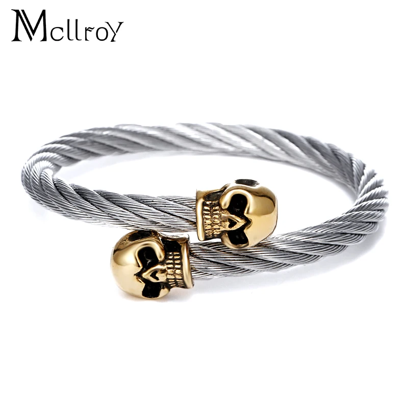 

Mcllroy Men Bangle Skull Men Bracelet Stainless Steel Cool Jewelry For Men pulseras Hombre Twist Silver Cable Cuff Bracelets