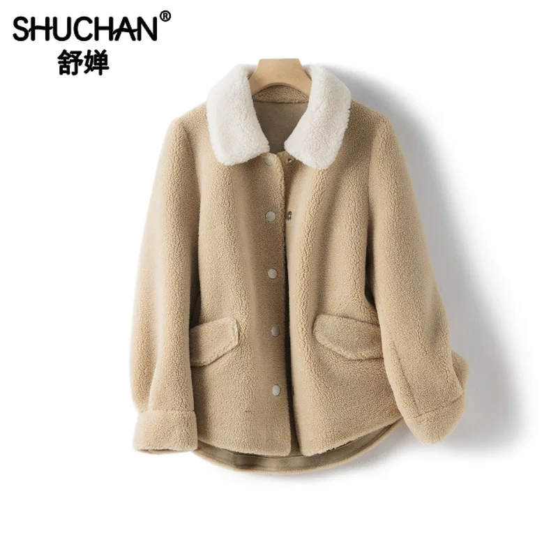 

Shuchan 2019 Real Fur Coats for Women Wool Blend Covered Button Wide-waisted Turn-down Collar Outerwear Women Real Fur Coats