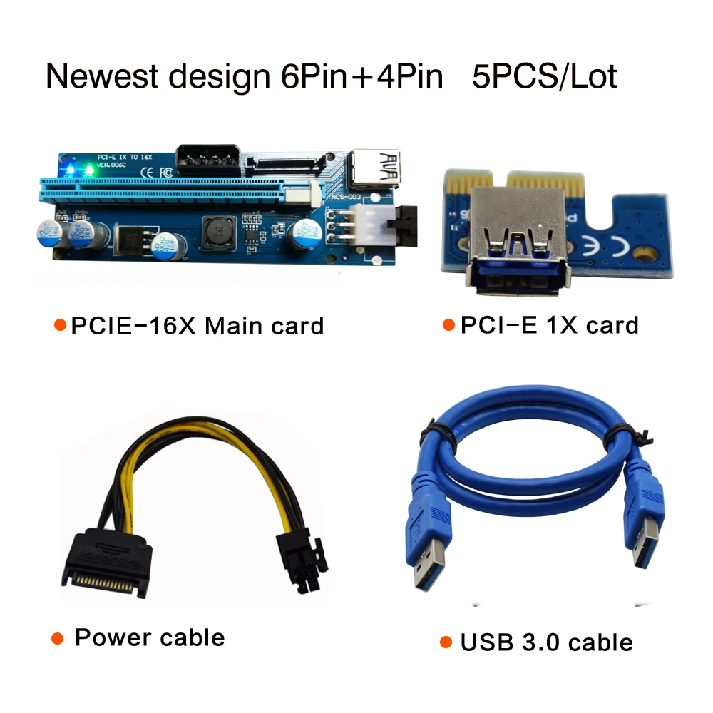 

5PCS/Lot Mining Video Card PCI-E Express Riser Card 1x to 16x USB 3.0 to 6Pin+4Pin IDE Molex Power Supply With LED Light
