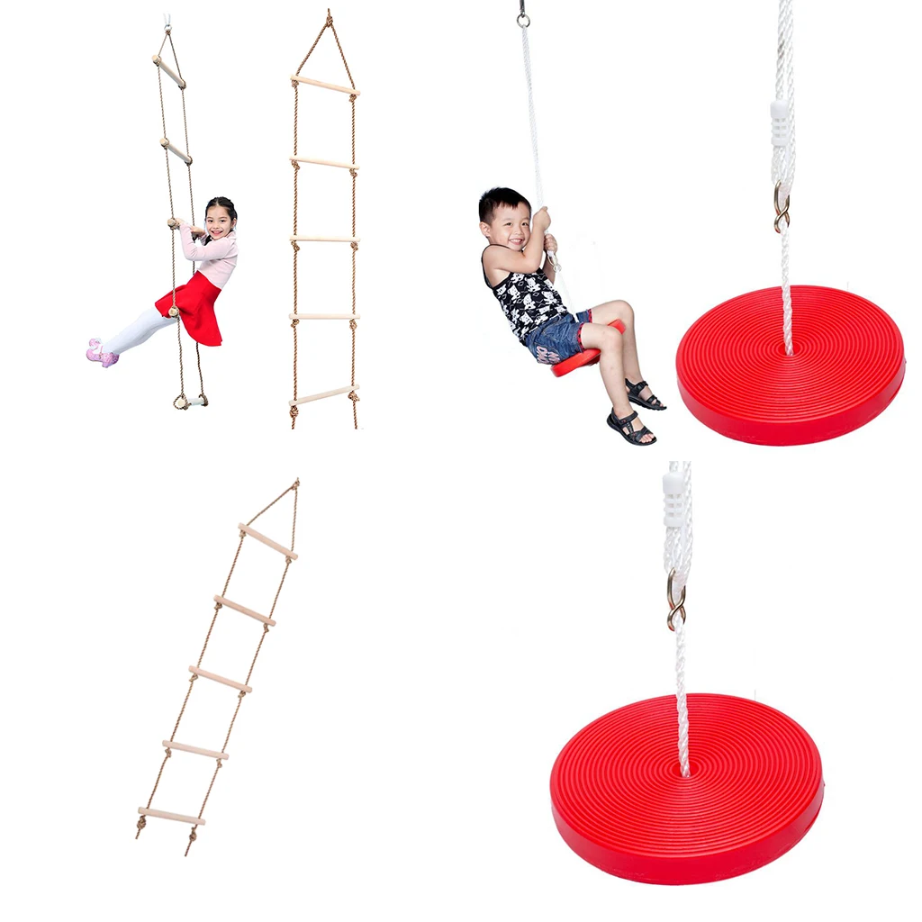 Red Heavy Duty Disc Rope Swing + Climbing Ladder for Kids Outdoor Backyard Playground Play