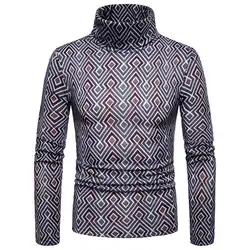 Новые зимние для мужчин модные ромб печати высокое средства ухода за кожей Шеи с длинным рукавом джемпер тонкий пуловер Топ