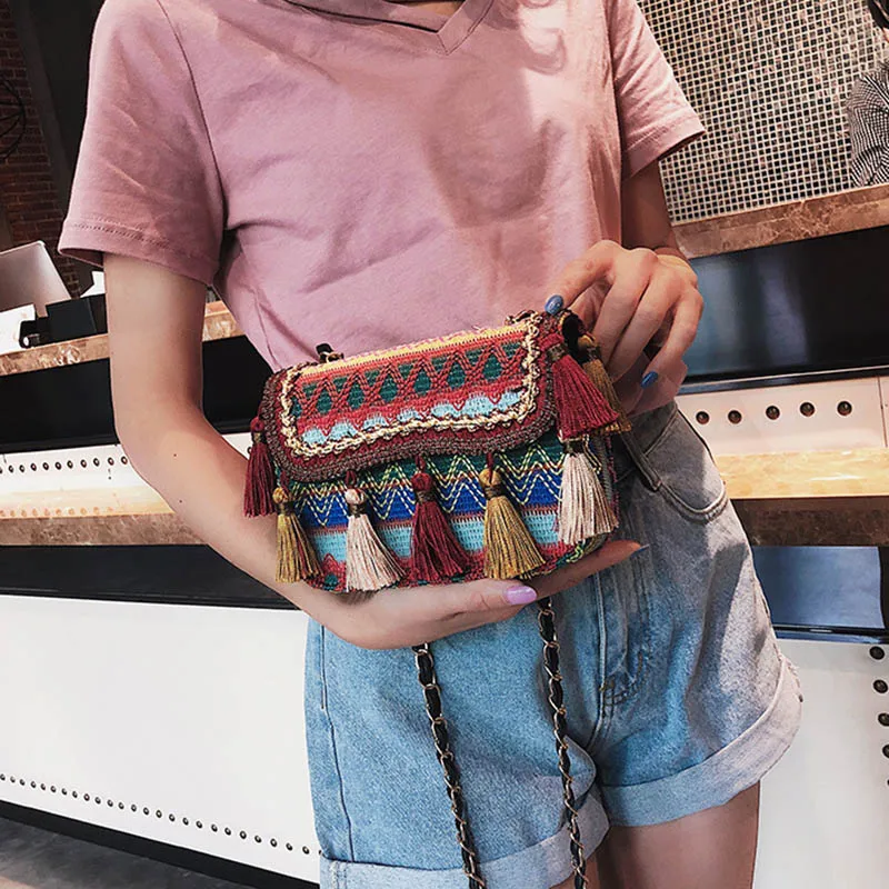 New Women Tassel Fashion Straw Bag INS Popular Female Summer Handbag Chains Lady Casual Shoulder Bag Beach Knit Crossbody SS3307 (10)