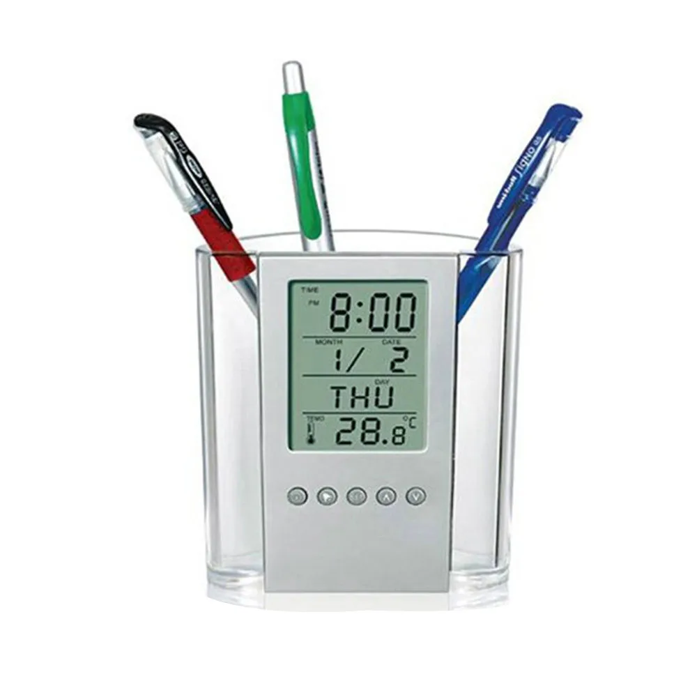 Multi Functions Desk Pen Holder LCD Display Alarm Clock Thermometer