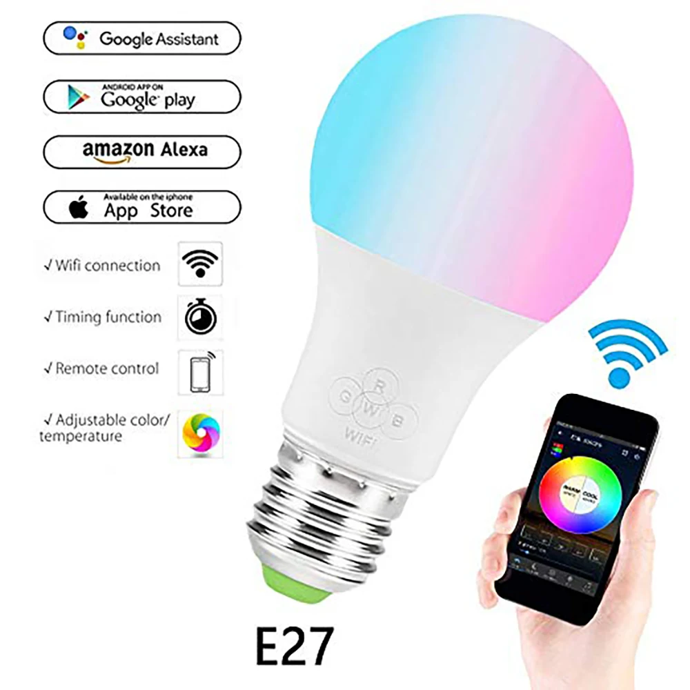 Умная лампа WIFI 4 5 Вт E27 RGB цветная светодиодная с регулируемой яркостью Amazon Alexa Google