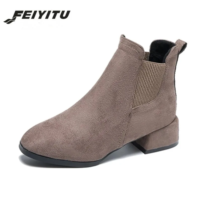

feiyitu Women Elastic Band Autumn Ankle Boots Square Heel Platform Female Shoes Super High Heels Winter Short Plush Boot Ladies