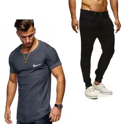 2019 летние Для мужчин плиссированные футболки + Штаны устанавливает прилив бренд Лидер продаж хлопок удобные с короткими рукавами футболка