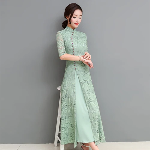 Летнее женское кружевное длинное платье Ципао, модное китайское платье, женское элегантное тонкое сексуальное платье для вечеринок 3XL A267 - Цвет: green