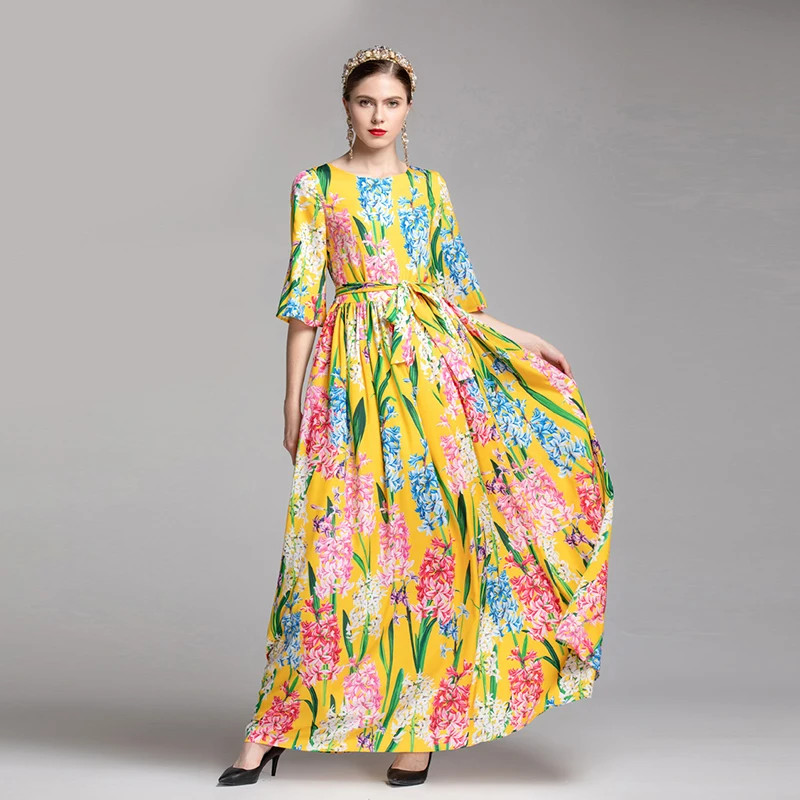 

HIGH QUALITY Newest Fashion 2019 Designer Runway Maxi Dress Women's Half Sleeve Floral Print Holiday Long Dress