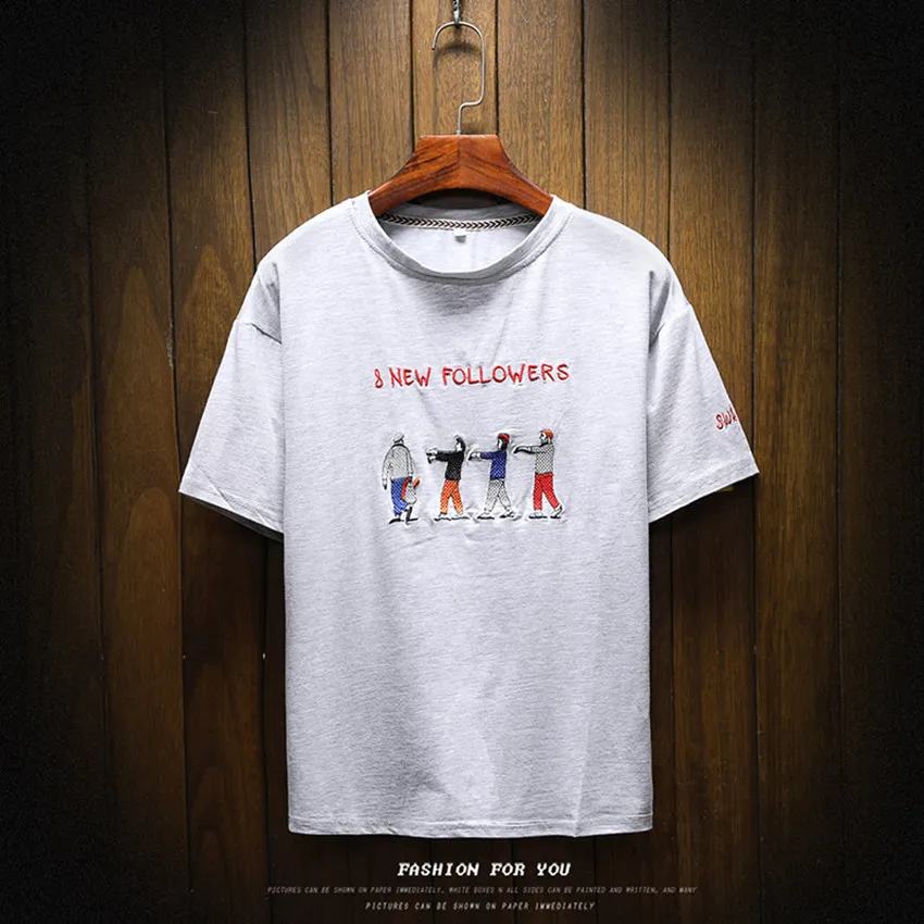 Летняя мужская Однотонная футболка большого размера с коротким рукавом, Мужская футболка с вышитыми английскими буквами и четырьмя Шагающими узорами