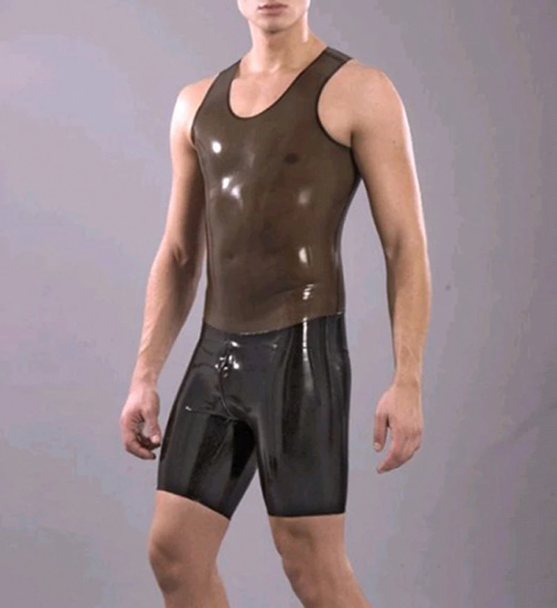 Men's fashion transparent black and black latex catsuit short sleeves