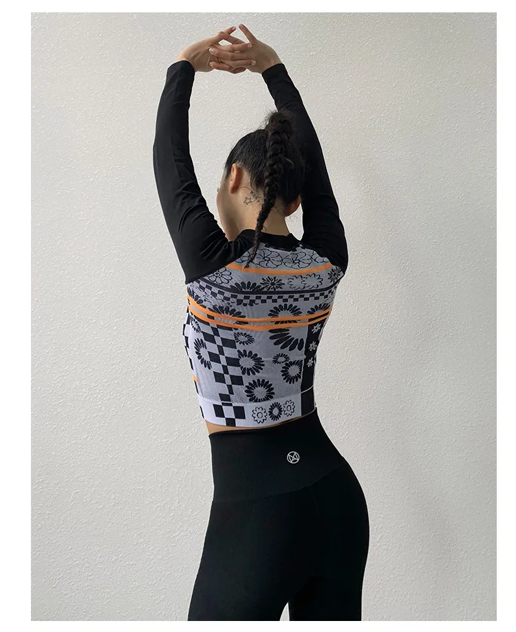 Бесшовная спортивная рубашка для женщин с длинным рукавом, укороченный топ, Быстросохнущий Фитнес-топ с принтом для фитнеса, йоги, топ для спортзала, тренировки, бега, Femme