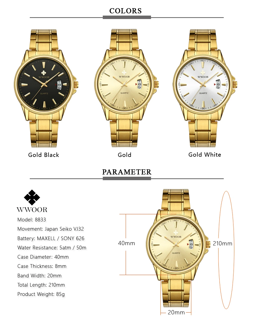WWOOR Gold Men Watch Brand Waterproof Mens Watches Date Stainless Steel Quartz Clock Male Wristwatch Free Watchband Tool 2018 (2)