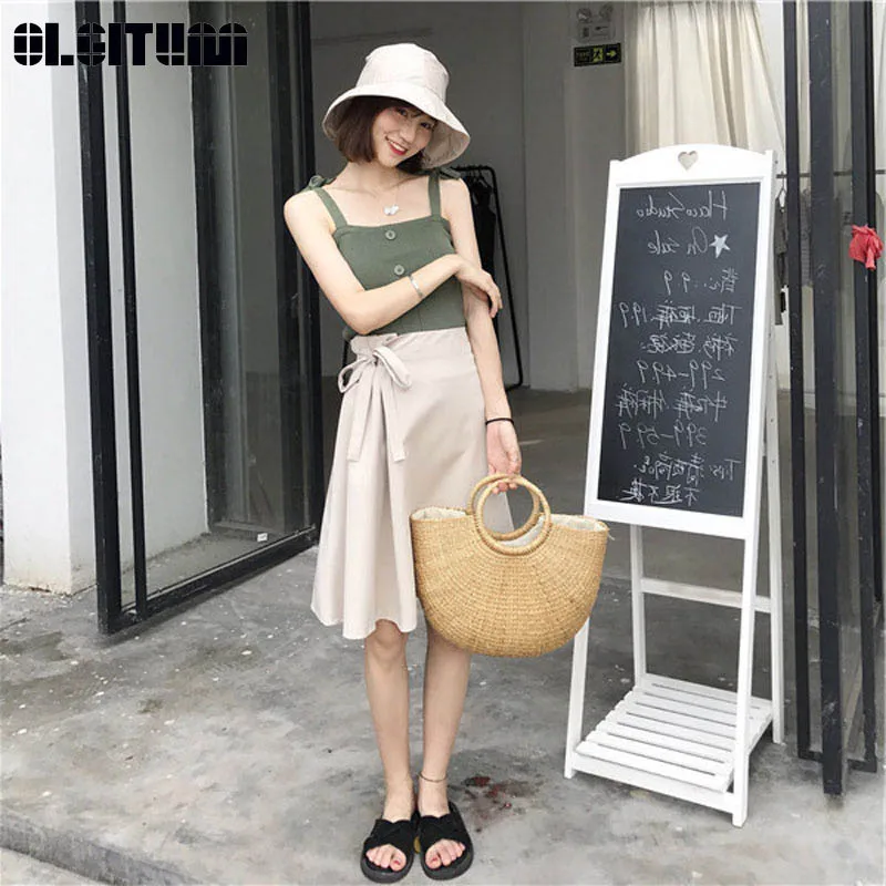 

New 2019 Women Set Female Summer Retro Loose Sling Solid Color Collage Small Fresh Skirt Two-Piece Suit Female WS106