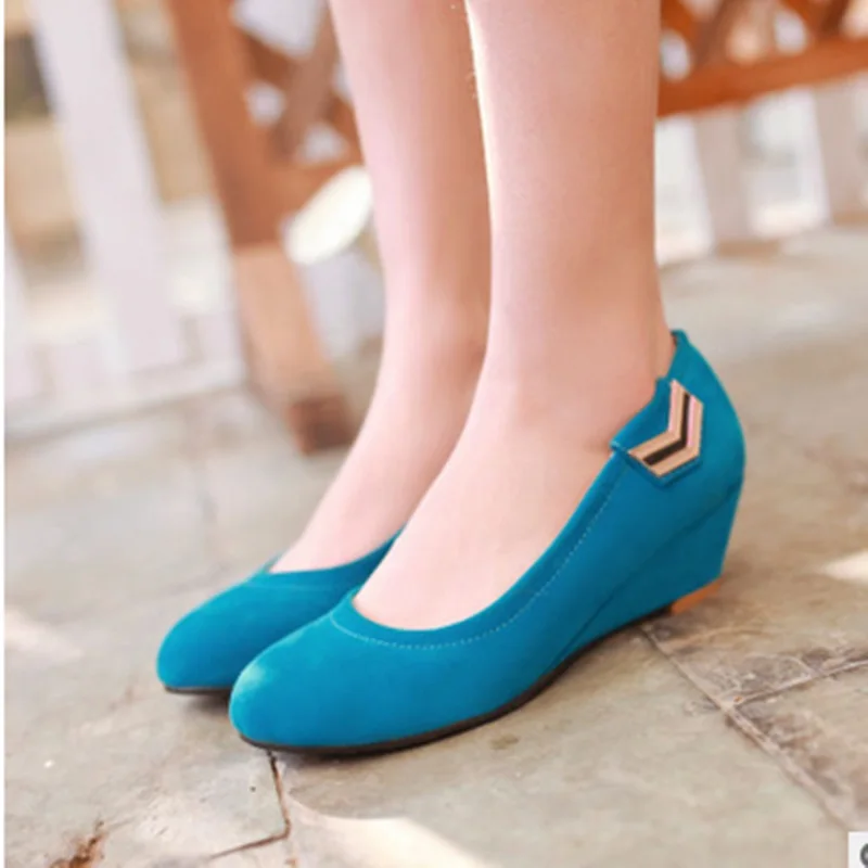 

Lady Sewing Plus size 42 43 Plating Sequined Round toe Wedges High Heel Sandalias Women Pumps Cover Heels Black Blue Flock Shoes