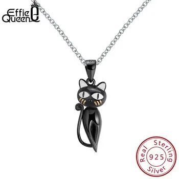 

Effie Queen Real 925 Sterling Silver Pendant Necklaces For Women White Enamel Sliver Necklace Lovely Black Cat Jewelry Gift BN99