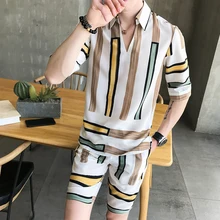 Summer Fashion 2pcs Set Stripe Shirt + Shorts Casual Slim Fit Pullover Shirt Men Short Social Club Outfits Tracksuit Men Sets Summer Fashion 2pcs Set Stripe Shirt + Shorts Casual Slim Fit Pullover Shirt Men Short Social Club Outfits Tracksuit Men Sets