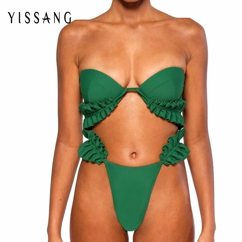 Elastic Ruffled Two-piece Set Hight Waist Off Shoulder Green 2 Piece Set