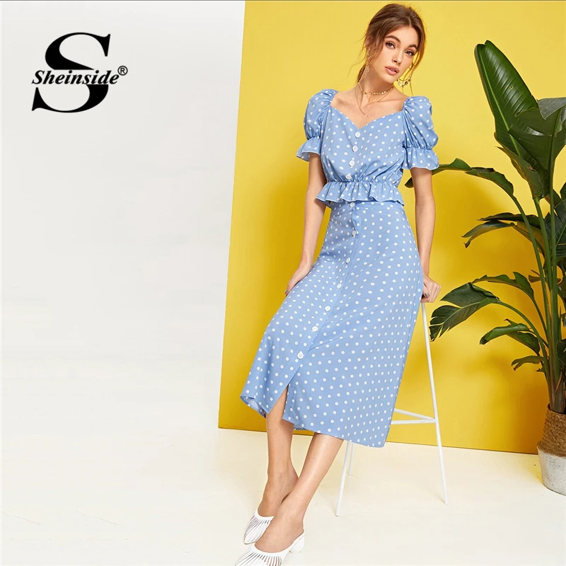 

Sheinside Vintage Sweetheart Neck Blouse And Button Up Detail Skirt Set Women 2019 Summer Puff Sleeve Crop Top 2 Piece Set