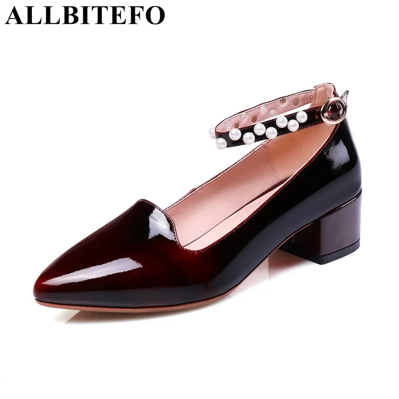 

ALLBITEFO thick heel full genuine leather pointed toe medium heel women pumps sweet Pearl ankle buckle office ladies shoes