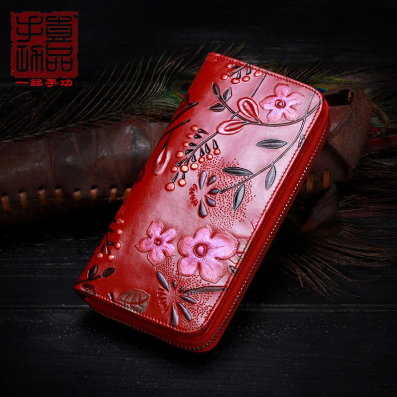 First Layer Cowhide Leather Wallet Women s Chinese Style 3D Painted Leather Long Handbag Top Luxurious