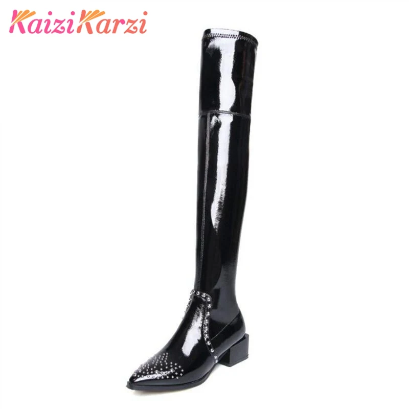 

KaiziKarzi Over Knee Boots Woman Genuine Leather Zipper Winter Shoes Women's Rivets Concise High Heels Long Boots Size 34-39