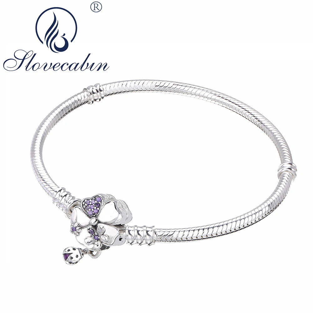 

Slovecabin Original 925 Sterling Silver Wildflower Meadow Clasp ladybug Purple CZ Charms Snake-Chain Bracelets Pulseira Feminina