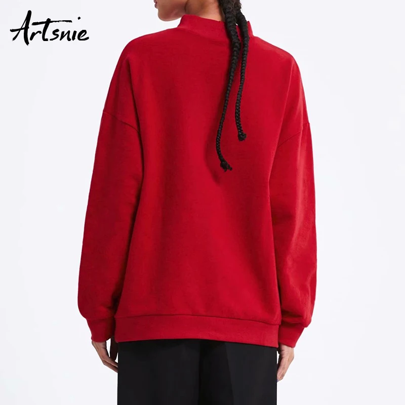 Artsnie الشارع الشهير الكرتون الياقة المدورة الأحمر النساء البلوز الربيع 2019 بلوفر مغزول المتضخم هوديي الطابع بلوزات