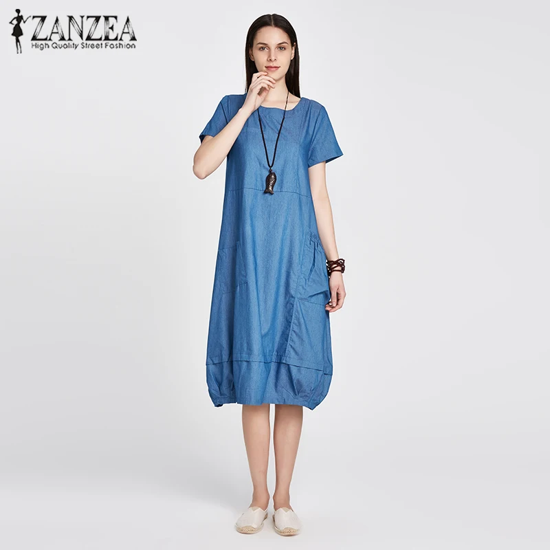 

2 Colors ZANZEA 2019 Summer Casual Women Loose Baggy Dresses Female Fashion Solid Short Sleeve Pockets Kaftan Vestidos Plus Size