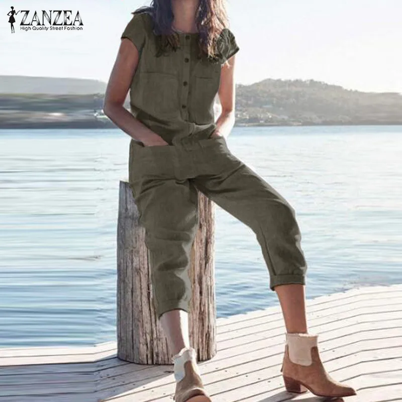 

ZANZEA 2019 Plus Size Linen Overall Women's Jumpsuits Female Short Sleeve Playsuits Elegant Woman Solid Romper Combinaison Femme