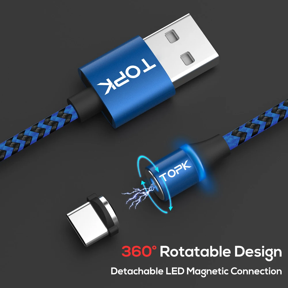 Магнитный usb кабель TOPK type C с нейлоновой оплеткой 1 м и 2 светодиодный магнитный