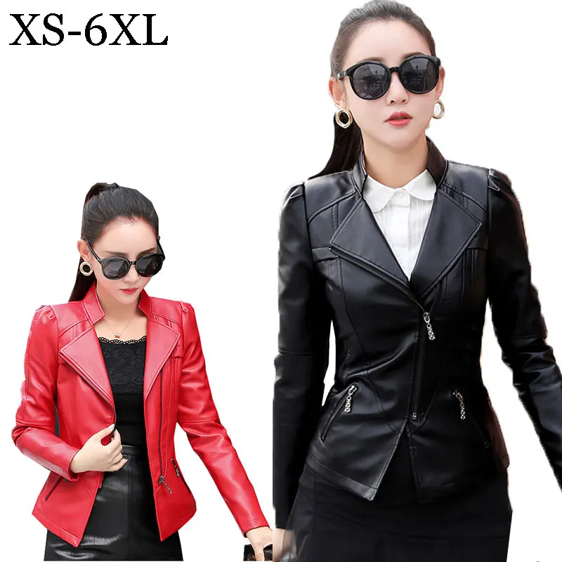 

Plus size 6XL Spring Motorcycle Leather Jacket Women Bomber Jacket zipper 4 Color Loose PU Leather Short Coat chaqueta mujer 888