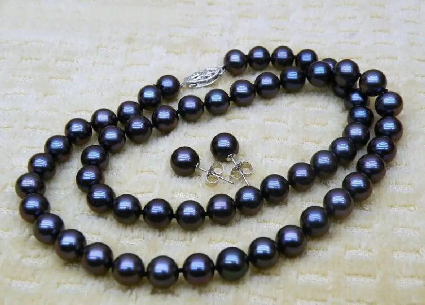

SET OF 9-10 MM BLACK TAHITIAN SOUTH SEA PEARL NECKLACE BRACELET EARRING18 INCH