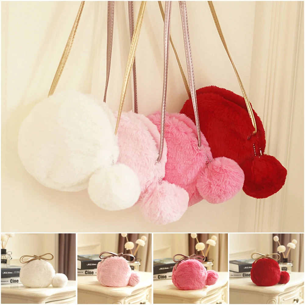 Lovely Kids Baby Girls Furry Crossbody Bag Faux Fur Ball Shoulder Bag Children Purse Tote Clutch Handbag