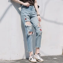 Новые женские джинсы хараюку рваные джинсы длиной до щиколотки с высокой талией женские джинсы с вышивкой#522