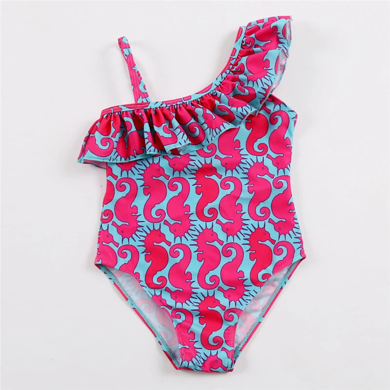 

New Model 3-8 years Girl One Piece Swimsuit Sky Blue Red Seahorse Pattern Kids Sling Swimwear Swim Wear Children Bathing Suit